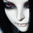 Pixelated close-up of a pale-skinned face with dark hair, red eye detail, and subtle mouth expression against black background.