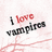 A static buddy icon with text and symbols on a light background, featuring 'I love vampires' in red and black, 'Twilight love' in pink and gray, and 'Edward Cullen' with three brown hearts.