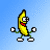 Pixelated banana character with green limbs and white shoes stands against blue background; yellow shows vertical bar, pink heart, and 'bananas' text