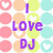 Pixelated icon with 'I LOVE DJ' text over heart-patterned backgrounds in multiple color schemes.