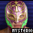 A contact sheet of 19 animated frames showing a luchador mask character with green hair and purple-gold mask, each frame labeled "MYSTERIO" below the icon.