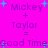 Pixelated text on a bright pink background with cyan plus signs, showing 'Mickey + Taylor = Good Time' in two variations with slight text differences.