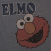 Gray background with 'ELMO' text above a red, furry character with large white eyes and a brown nose.