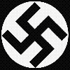 circular icons displaying a black swastika symbol in various states of distortion and rotation against white backgrounds