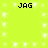 Bright yellow background with four identical pixelated 'JAG' text blocks arranged in a , surrounded by scattered white square sparkles