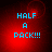 Four identical display blue pixelated text 'HALF A PACK!!!' on a red gradient background with subtle circular patterns