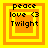 Four identical square icons with layered orange and yellow borders, each containing text 'peace love <3 Twiight' in black pixelated font.