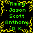 A static digital image displays four identical arranged in a , each containing green text names on black background with yellow pixelated borders