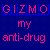 Static pixel art icon with blue checkered background and pink text reading "GIZMO my anti-drug" in blocky font, framed by a thin blue border at the top.