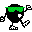 Pixelated black character with green headband and white eyes, walking in a sequence of showing arm and leg positions