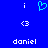 Blue background with white and cyan pixelated icons: two 'i' letters, a heart symbol, two '<3' symbols, and the name 'daniel' in lowercase.