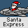 Animated Santa Claus icon sequence showing Santa flying a gray jet, delivering gifts, and landing on snowy rooftops with red Christmas trees.
