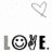 A grayscale animated icon with repeated 'LOVE.' text, smiley faces replacing the O's, peace signs replacing the V's, and four heart outlines on a white background.