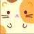 Pixelated cartoon character with orange and brown circular head, dark eyes, horizontal mouth lines, pink nose, and curved ear shapes on light background.