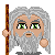Pixelated character with long gray hair and beard holding a brown staff, green eyes, and a neutral expression on a gray background.