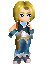 Pixelated character with blonde hair and blue eyes in blue outfit with white star on chest, holding brown object, shown in multiple poses against gray background.