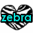 A heart-shaped icon with black and white striped patterns contains the word 'zebra' in cyan block letters on a black background.