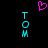 A pixelated image with a black background, featuring two vertical cyan 'TOM' text stacks and a pink heart symbol above them.