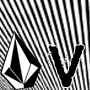 Black-and-white striped background with a geometric diamond-shaped icon and fragmented text letters scattered across the