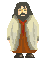 Pixelated character in beige robe and brown tunic with red tie, standing against gray background, showing multiple poses with raised arm and varied facial expressions.