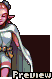 Pixel art character with pink skin, pointed ears, and a blue cap stands in profile against gray background; white cape flows behind them.