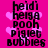 Pixelated text list on pink background with heart shapes, showing repeated names and terms in black block letters.