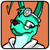 Pixelated green cartoon character with one red eye and one white eye, wearing a silver headpiece, against an orange background.