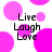 Pixelated image with pink circles on white background and black text reading Live Laugh Love in four quadrants.