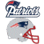 Pixelated graphic featuring a football helmet with red facemask and blue logo above stylized text reading 'Patriots' in dark blue letters.