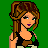 Pixel art contact sheet showing multiple views of a cartoon woman with brown hair in a ponytail wearing a black and green crop top and blue jeans against a solid green background, with text reading "Hunttin Cutie" on the right side.