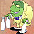 Green cartoon character with yellow hair, purple bow tie, white pants, and black shoes stands against a brown background.
