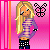 Pixelated cartoon girl with long blonde hair, purple striped shirt, black polka-dot pants, and a butterfly symbol on pink background.