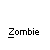 Pixelated zombie figure in gray and red with white pants, shown in multiple poses including standing, crouching, and speaking with 'BRAINS!' text bubbles, all labeled 'Zombie' below.