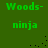 Green pixelated text 'Woods-' and 'ninja' on dark green background with scattered black dots, arranged in a pattern