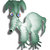 Pixelated green elephant with large ears and trunk, standing against white background, head turned left, eyes with blue and pink highlights.