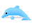 Pixelated blue dolphin with black eye and white underbelly in six sequential poses showing movement across a gray background.