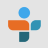 Pixelated icon with four colored shapes: blue circle at top, orange rectangle left, teal shape right, dark teal square bottom, all on light gray background.