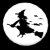 Black silhouette of a witch on a broomstick within a white circular frame, with motion blur effects on the broom and background elements.