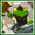 A 50x50 pixel animated buddy icon featuring a green frog character with yellow eyes and brown hair, wearing a dark vest over light sleeves, displayed in two frames showing text changes from 'HARD' to 'WORKER'.
