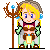 Pixel art character with blonde hair and blue eyes holding a brown staff topped with three blue orbs, wearing maroon top and green armor.