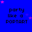 Blue background with repeated text 'party like a Poptart' in black pixelated font, scattered pink and purple stars.