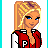 Pixel art contact sheet showing three frames of a cheerleader character with red and white uniform, blonde ponytail, and text "im only here for the BOYS!" on cyan background.