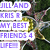 Pixelated image with multiple text overlays in purple, green, and blue on a background of green foliage and colorful star shapes.