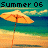 A pixelated beach scene with a yellow umbrella on sandy shore, turquoise water, and clouds under "Summer 06" text in two side-by-side frames showing slight animation differences.
