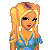 Pixel art contact sheet showing three variations of a blonde female character with pigtails wearing a blue floral top and gray pants, each labeled with text below the icon.