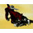 A red-cloaked figure in silver armor rides a dark mechanical beast across a yellow background, shifting pose and revealing a glowing orange element.