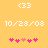 Yellow background with white '<33' symbols, '10/28/08' text, and pink heart sequences; left sequence has four hearts including one light pink, right sequence has five hearts including one light pink.
