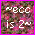 Pixelated image with white text 'ABC is 2' on a multicolored background, next to a pixelated figure in pink clothing against light blue sky.