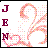 Pixelated icon with vertical 'JEM' text on left and pink floral swirls on white background.