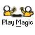Pixelated yellow figures with white circular heads hold brown objects, positioned above "Play Magic" text on gray background.